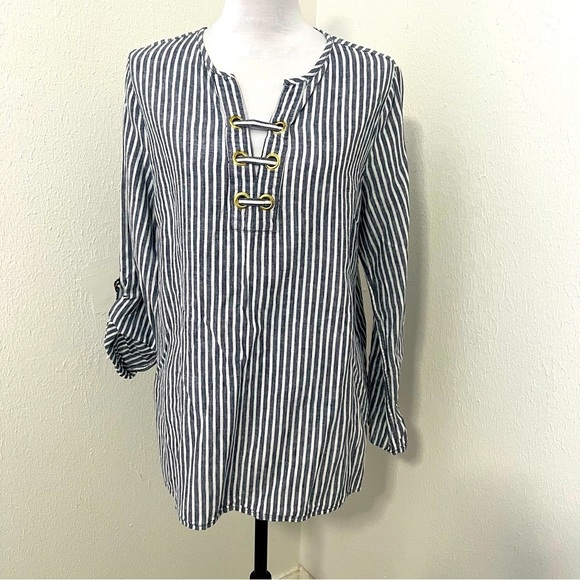 Michael Kors  Women’s Size 10 Navy Striped Linen Cotton Tunic Top Rolled Cuffs - Picture 1 of 10